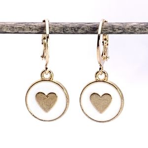 Gold and White Heart Charm Earrings